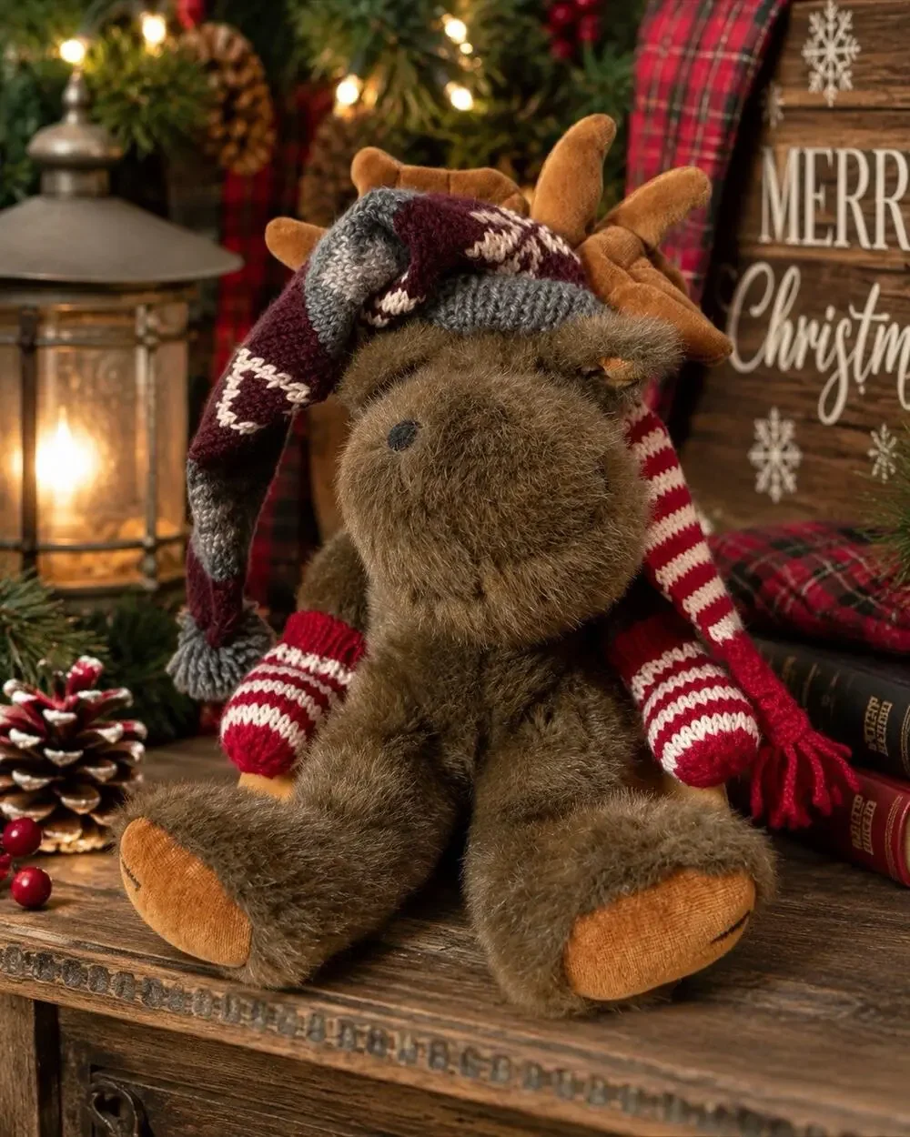 Boyds Collection Christmas Moose Plush 15” Knit Hat Scarf Mittens Holiday
